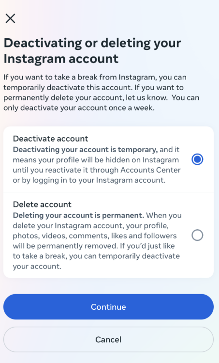 Instagram supprimer ou désactiver un compte